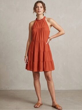 Kirundo Tiered Halter Mini Dress in Rust Orange, Size Medium